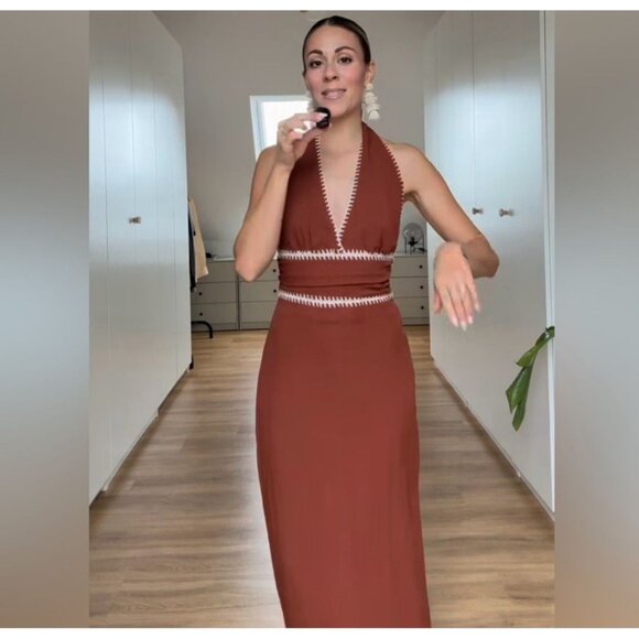 Zara Women Terracotta Embroidered Midi Dress Brown Size XS - Picture 8 of 11